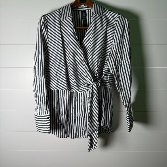 Chico's Black Label Wrap Shirt Black & White Stripe Size 2 Cotton Blend - Picture 3 of 9